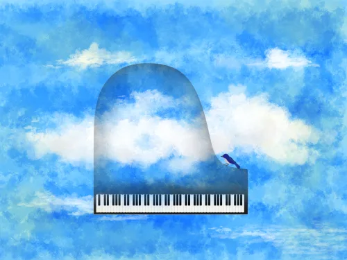 空に浮かぶピアノのシルエット