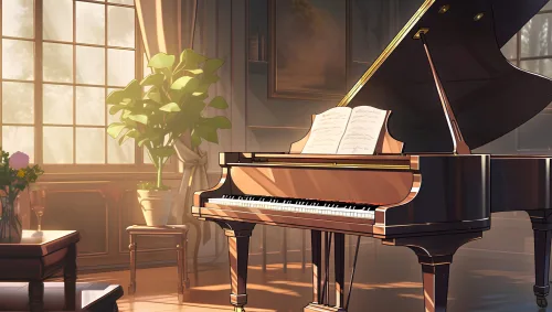朝陽を浴びるグランド・ピアノ