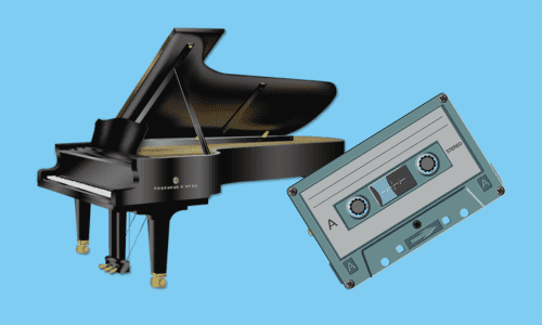 グランドピアノとカセットテープ