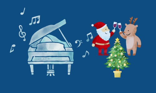 乾杯するサンタとトナカイ そばにピアノとクリスマスツリー