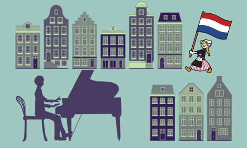 ピアニストのシルエット アムステルダムの街とオランダの国旗をもつ少女