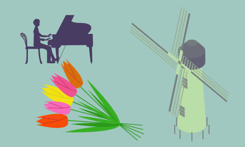 ピアニストのシルエット 風車とチューリップ