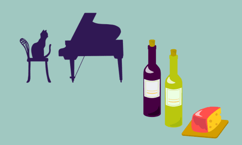 ピアノの椅子に座る猫 ワインとチーズ