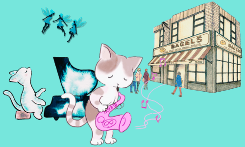 街頭でジャムセッションをする猫のピアニストと猫のサックス奏者