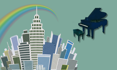 ニューヨークの風景　空に虹　グランドピアノ