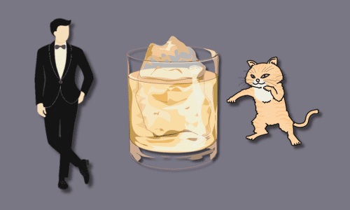 タキシードの男　ロックウイスキーのグラス　パンチを繰り出す猫