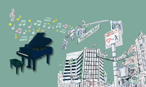 アメリカ西海岸の街の風景　ピアノと流れる音符