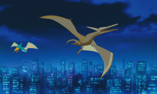 夜の街の上空を飛行する二羽の怪鳥