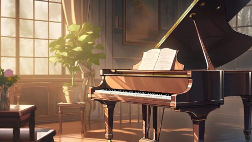 朝陽を浴びるグランド・ピアノ