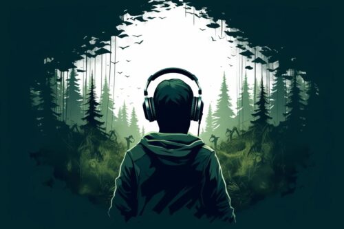 森の中で音楽を聴く人