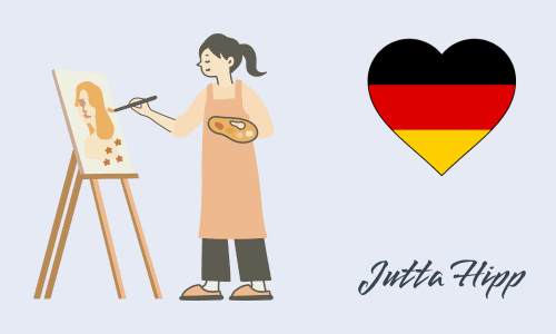 ハート型のドイツ国旗と油絵を描く女性