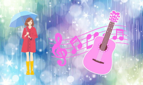 雨の中に傘を持って佇む赤いレインコートの女性とギター