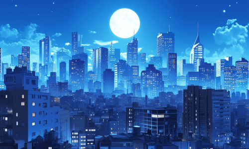 都会の夜景　空には大きな満月
