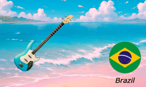 南国の海辺を背景にしたブラジルの国旗とベースギター　
