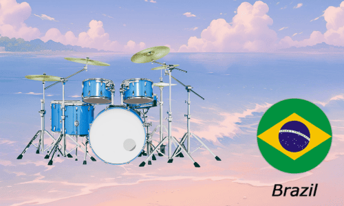 南国の海辺を背景にしたブラジルの国旗とドラムセット