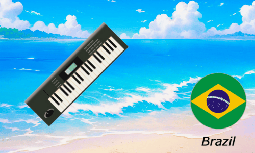 南国の海辺を背景にしたブラジルの国旗とキーボード