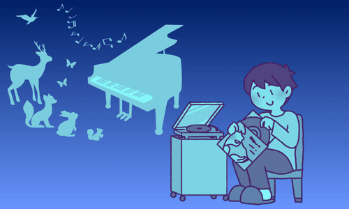 レコードをジャケットから取り出す少年と森のピアノ 背景＝青