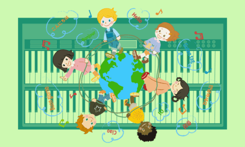 シンセサイザーを背景にした世界の子どもたち(緑色)