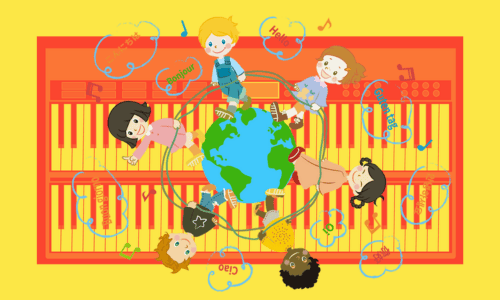 シンセサイザーを背景にした世界の子どもたち(黄色)