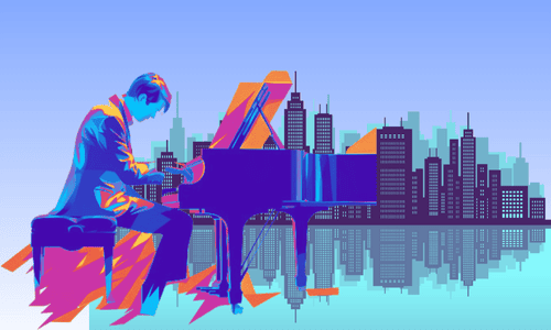 高層ビル群をバックにグランドピアノを弾く男(色合いは青)