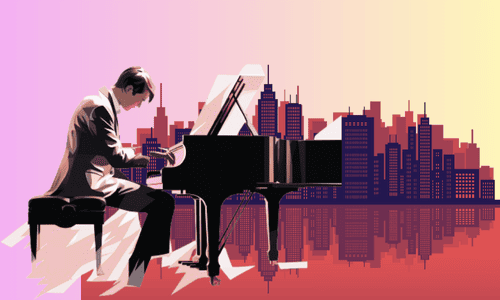 高層ビル群をバックにグランドピアノを弾く男(色合いは赤)