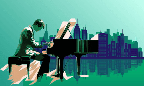 高層ビル群をバックにグランドピアノを弾く男(色合いは緑)