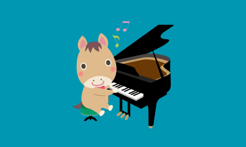 ピアノを弾くウマ(背景=青)