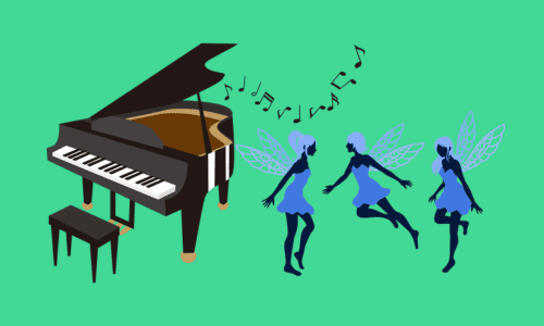グランドピアノと3人の妖精(背景色が緑)