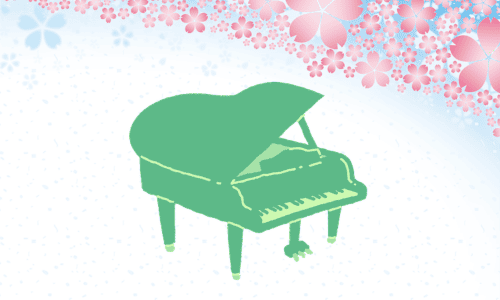 桜を背景にしたグランドピアノ(グリーン)
