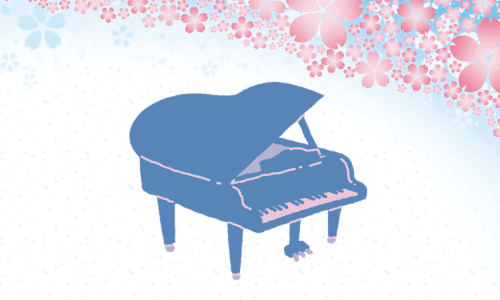 桜を背景にしたグランドピアノ(ブルー)