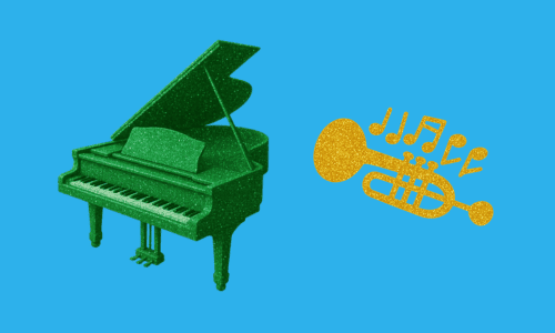 緑色のグランドピアノと金色のトランペット