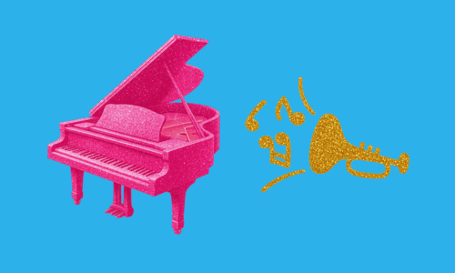 桜色のグランドピアノと金色のトランペット