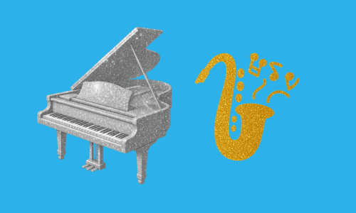 銀色のグランドピアノと金色のサクソフォン