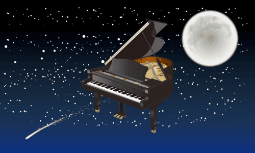 グランドピアノ　右に満月　左に流れ星