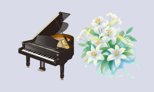 グランドピアノとユリの花束