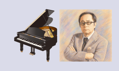 グランドピアノと大野雄二の肖像画