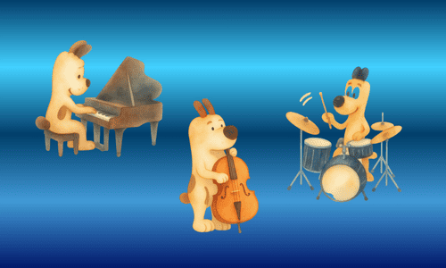 犬のジャズ・ピアノ・トリオ(イラスト)