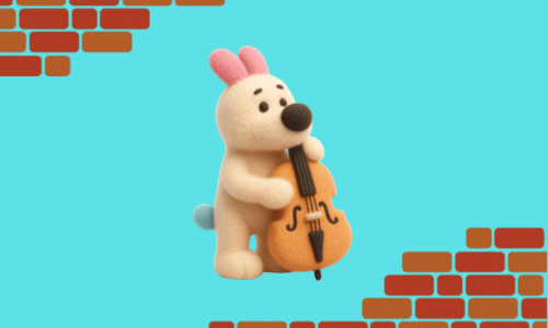 コントラバスを演奏する犬のぬいぐるみ