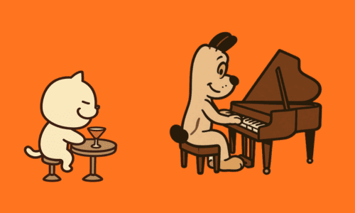 ピアノを弾く犬とテーブルでカクテルを飲む猫のイラスト