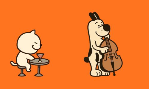ダブルベースを弾く犬とテーブルでカクテルを飲む猫のイラスト