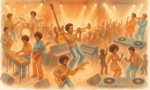 ライヴ演奏をする黒人ミュージシャンたちのイラスト(茶色)