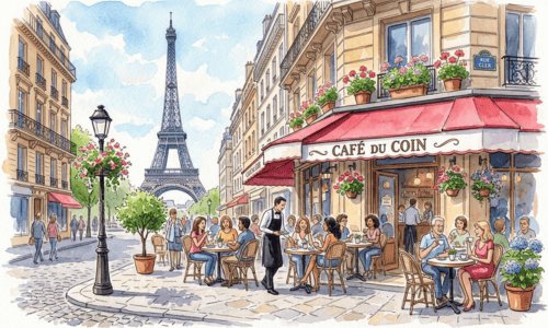 エッフェル塔が見えるパリの風景(イラスト)