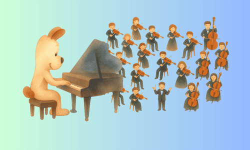 犬のピアニスト＆ストリング・オーケストラのイラスト