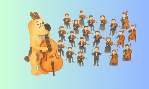 犬のベーシスト＆ストリング・オーケストラのイラスト