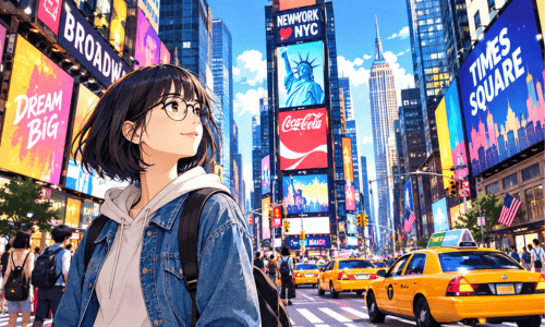 ニューヨーク、タイムズ・スクエアに佇む女の子